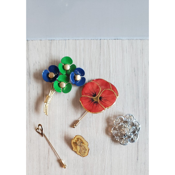 VTG Brooch Lot 4pc Enamel Floral Angel Stick Pins Gold Tone Jewelry - Picture 1 of 7
